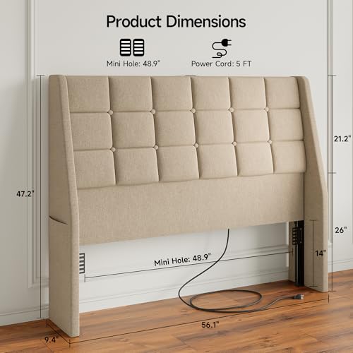 Image of Full Size Headboard with Charging Station, Wingback Ergonomic Headboards | Wingback Upholstered Bed Head Board with Storage Pocket, Sturdy Stable Solid Wood Headboard Only, Bed Frame Adapters, Beige