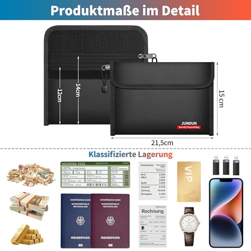 JUNDUN 2er Pack Feuerfeste Tasche(21,5x15cm, 6400℉), 12-lagige Wärmedämmung | Doppeltem Reißverschlussfach Feuerfest Geldtasche, Kleine Bargeldbeutel für Scheine, Bargeld, Quittung, Reisepass