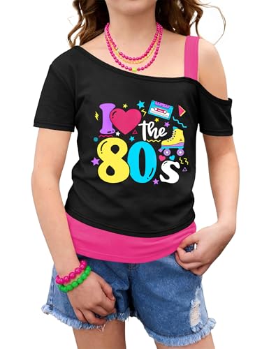 SWTJIC 80s Outfit for Girls I Love The 80s Off The Shoulder Tshirts Vintage Party Costume Black 9-10Y