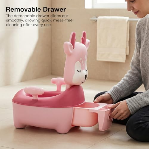 Image of Baybee Deer Baby Potty Seat for Kids 2 to 5 Years with Back Support | Foldable Toilet Seat with Removable Drawer & Cleaning Brush | Premium Potty Training seat | Kids Toilet Chair Boys Girls (Pink)