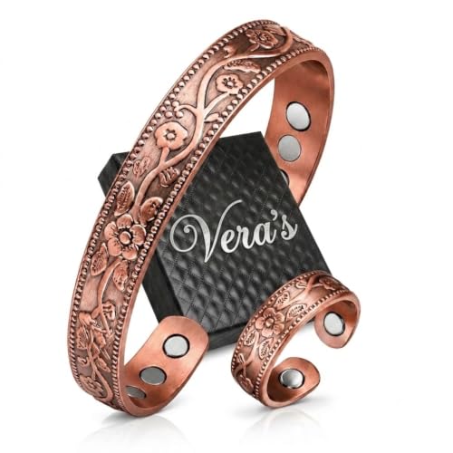 Veras Copper Bracelets for Women Open Copper Cuff Bracelet with Flower Pattern Handmade Uncoated Jewelry