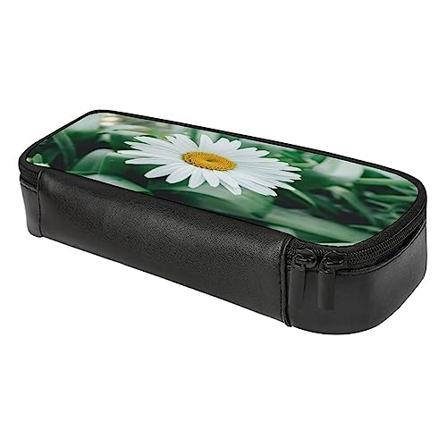 Fionel White-Daisy Pu Leather Quad Pen Case Zipper Pencil Pouch Holder For Pens Case Office Storage Box Organizer Pen Bag(8×1.5×3.5 In) #TOP5