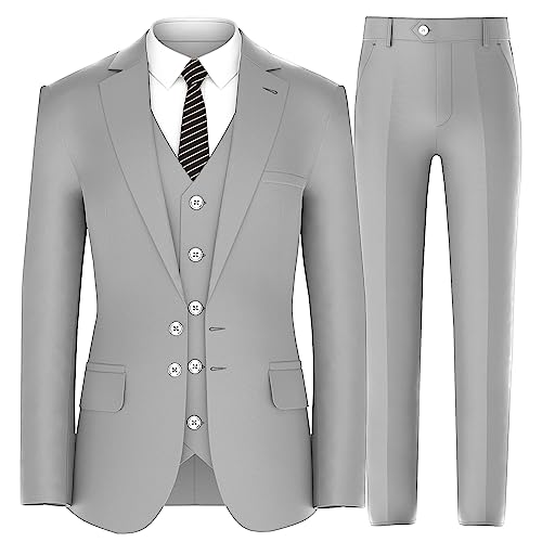 Antonio Uomo Ternos masculinos de ajuste clássico – Terno masculino de 3 peças com jaqueta de peito único, colete e calça, Cinza claro, 46