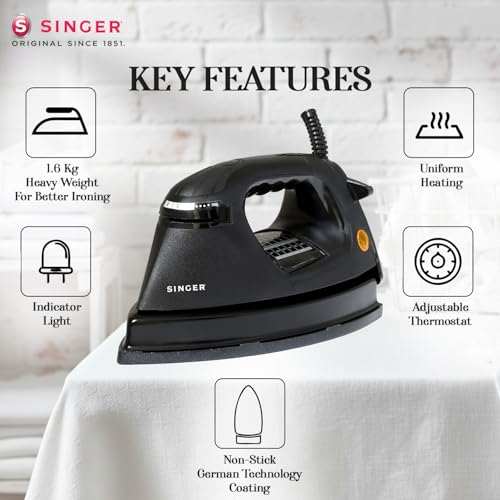 Image of SINGER Shakti Press Heavy Weight Dry Iron with 2 Year Warranty | 1000W Power | 1.6 Kg Heavy Body | Double Coated Sole Plate | Adjustable Temperature Control | 180 Swivel Cord | ISI Certified