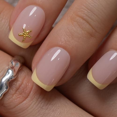 Image of CurvLife Soft Gel Squoval Press-On Nails Short, Reusable Fake Nails with Glue & Adhesive Tabs, 30PCS Salon-Quality Stick-On Nails for At-Home Manicure (Butter Star)