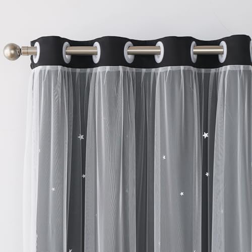 Image of Double Layer Blackout Curtains for Living Room 96 Inches Long 2 Panels with White Sheer Overlay Star Cutout Black Nursery Curtain Darkening Aesthetic Room Divider Drapes 96 Inch Length
