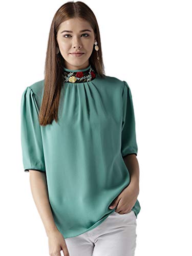 Image of Style Quotient Women Solid Aqua Green Polymoss Embroidered Smart Casual top