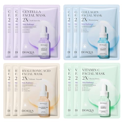 ILOVMUP 12 PCS Essence Sheet Mask, Sheet Face Mask Set, Moisturizing, Nourishing, Anti-Aging, Brightening Sheet Masks Multipack, Vegan Face Mask Skincare for All Skin Types, Cruelty-Free