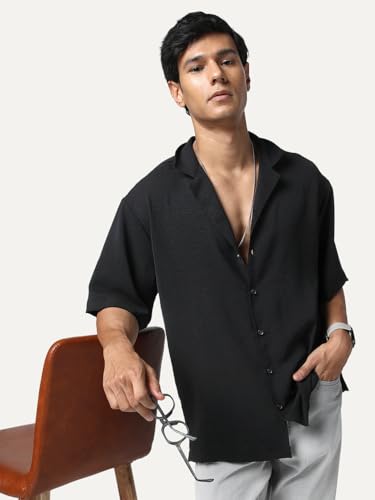 Image of Urbano Fashion Men's Cotton Half Sleeve Relaxed Fit Textured Shirt with Cuban Collar