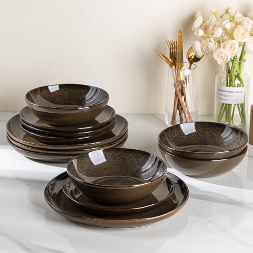 Image of AmorArc Ceramic Dinnerware Sets for 4, 12Pcs Plates and Bowls Sets Dishes | Stoneware Handmade Reactive Glaze Dinner Set, Highly Scratch Resistant | Dishwasher & Microwave Safe Dishware