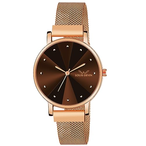 Image of LOUIS DEVIN Rose Gold Plated Mesh Chain Analog Wrist Watch for Women (Blue /Green /Brown /Black Dial) | LD-RG173