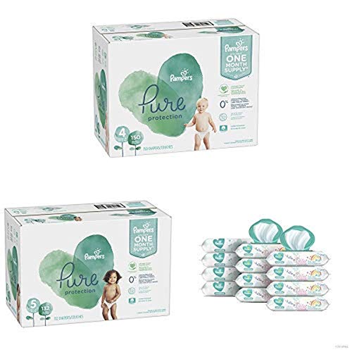 Pampers Bundle - Pure Disposable Baby Diapers Sizes 4, 150 Count & 5, 132 Count with Pampers Sensitive Water-Based Baby Wipes, 12 Pop-Top and Refill Combo Packs, 864 Count
