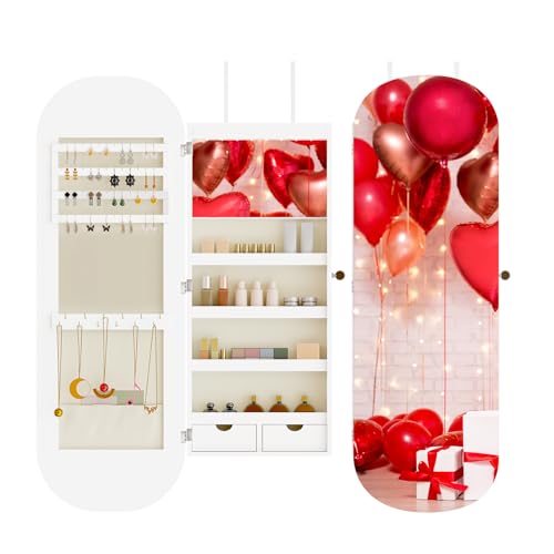 44'' Full Length Mirror Jewelry Cabinet, Lockable Wall-Mount or Door Hanging Jewelry Armoire with Interior Led Mirror & Storage Shelf, White