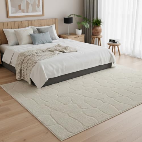 Alfombra Blanca con Relieve Tipo Piedra – 100% Polipropileno, 22 mm Altura – Antideslizante con Fieltro – 10 Tamaños – Ideal para Dormitorio y Salón- 100x150 cm