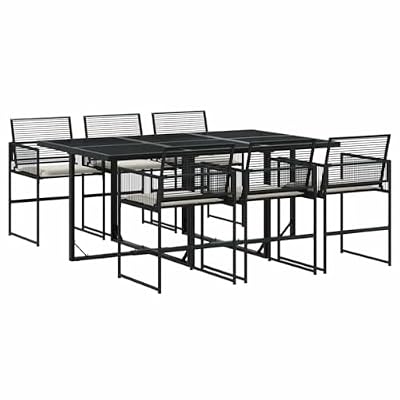 Kaorsrow 7-Piece Garden Dining Set, Black Poly Rattan Outdoor Furniture with Cream White Cushions, 6-Person Rectangular Table and Folding Chairs for Patio and Terrace