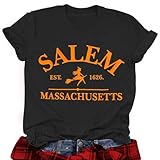 Halloween Shirts Women Salem Massachusetts Graphic Tee Hocus Pocus T-Shirt Fall Holiday Short Sleeve Tops Grey M
