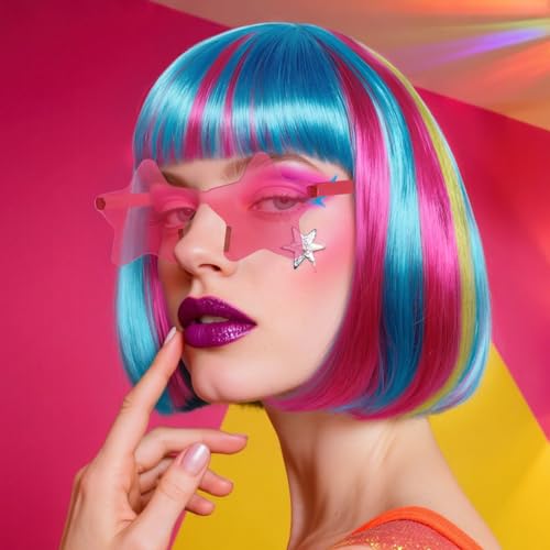 Image of ANOGOL Hair Cap + (Sunglasses) Rainbow Wig Yellow Blue Pink Bob Wig with Bangs Womens Party Wigs with Star-Shaped Glasses Short Neon Wig Daily Party Fun Wigs Women Halloween Costume Bachelorette Hair