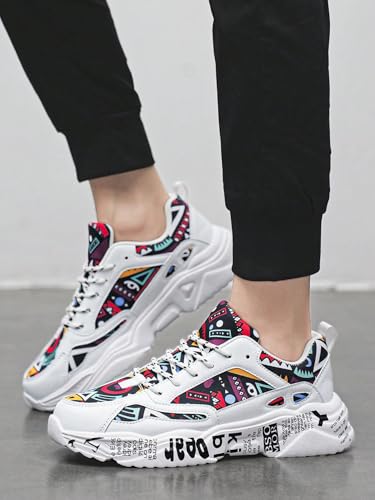 Men's White Thick-Soled Athletic Shoes With Graffiti Pattern, Lace-Up Front, Comfortable, Lightweight, Round Toe, Versatile, Breathable, Suitable For Walking, Casual, Sports And Campus Youth Style4