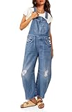 PLNOTME Womens Denim Bib Overalls Barrel Leg Adjustable Strap Jean Pants Ripped Distressed Jumpsuits with Pockets