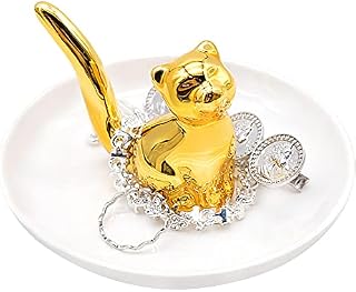 LTHERMELK Ceramic Cute Cat Ring Holder Trinket Dish Sitting Kitty Tray Jewelry Storage Earrings Organizer Home Decor Gold Color Gift for Cat Lovers Engagement Birthday Christmas