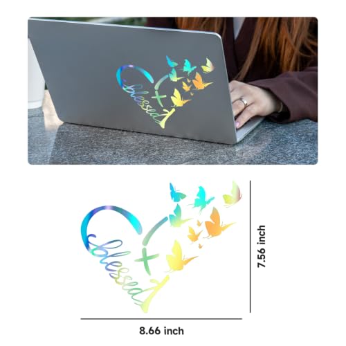 Image of Blessed Cross & Butterfly Heart Decal- 8.6 inchx7.5 inch Inspirational Faith Waterproof Vinyl Sticker for Car, Truck, Window, Bumper, Laptop, Wall (Heart-Holographic)