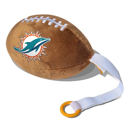 Image of Miami Dolphins Plush Football Pacifier Holder by Smilo - Officially Licensed NFL Soother Holder - Soft Plush Toy and Dummy Holder - Fits Any Pacifier - Stroller Accessory & Newborn Essential