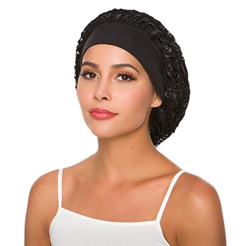 Women's Vintage Full Head Crochet Hair Net Snood Sleep Bonnet Cap Hair Accessories (Black(2 Pack)) - Thumbnail 5