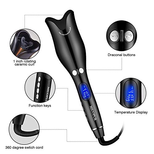 Miuopur Automatic Hair Curling Iron With Ceramic Ionic Barrel, Smart Anti-Stuck, Auto Rotating Hair Curling Wand With Temperature Display And Timer, Professional Hair Curler Styling Tool -Black. #TOP3