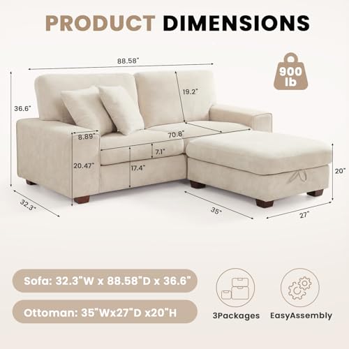 Image of DOPEDIO L-Shaped Sectional Sofa with Storage Ottoman, Modern Chenille Recliner Loveseat, Removable Couch Covers, Pocket Spring Cushions, Solid Wood Frame, Easy to Install (88.58inch, Beige)