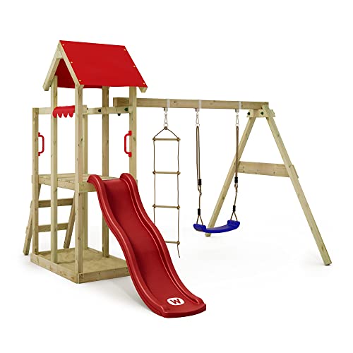 WICKEY Wooden climbing frame TinyPlace with swing set & red slide, Outdoor kids playhouse with sandpit, climbing ladder & play-accessories for the garden