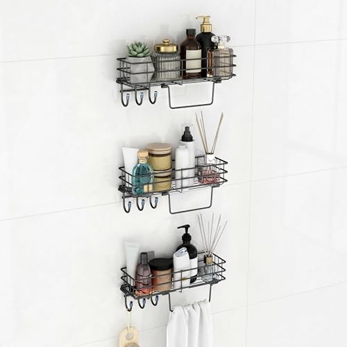 Image of Plantex Self Adhesive Bathroom Shelf /GI Steel Bathroom Shelf with Hook and Napkin Holder /Bathroom Organizer Without Drill /Bathroom Accessories- Pack of 3 (Black)