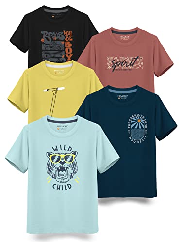 Image of HELLCAT Boys Round Neck Printed Blended Cotton Tshirt -Combo Pack of 2 - Orange /Blue