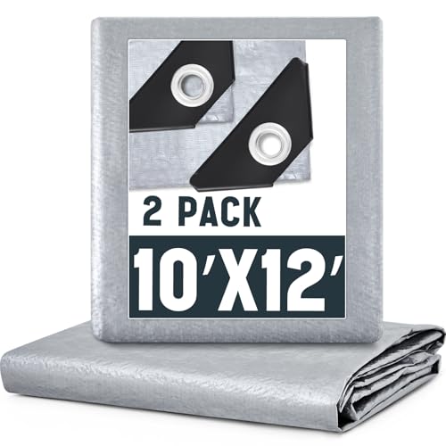 Image of 2 Pack Silver Tarps 10 x 12 ft, 5.5 Mil Waterproof Reflective Tarp, UV Resistant Sun Shade Tarps, Heavy Duty Roof Tarp for Roof Protection, Boat Cover, RV Cover, Car, Patio Furniture, Camping
