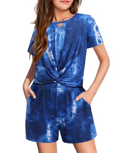 Image of Arshiner Girls Summer 2 Piece Outfits Tie Dye Short Sets Casual Twist Front Short Sleeve Tops and Pant with Pockets
