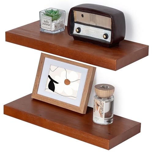 Image of Marsmiles Wood Floating Shelves | Rustic Mahogany Wood Wall Shelves Set of 2 | 16 inch W x 6.7 inch D Wooden Floating Shelves for Bathroom Kitchen Living Room Bedroom