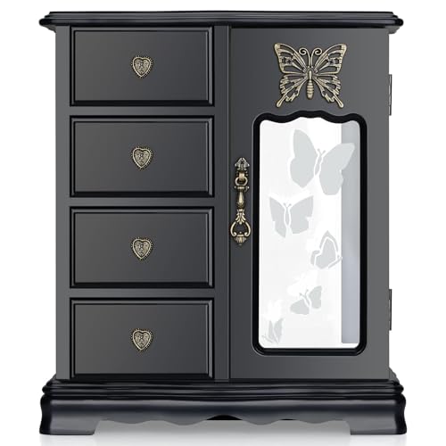 RR ROUND RICH DESIGN Solid Wood Jewelry Box for Women - Vintage Butterfly Glass Door Jewelry Armoire with Mirror, 4 Drawers & Rotating Necklace Carousel Black