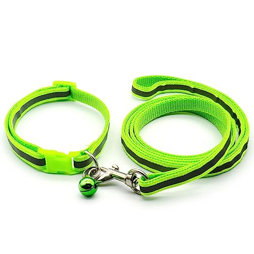 Small Dog Puppy Pet Collar and Lead Set Reflective Hi-Vis Strip Nylon Adjustable Size 19-32cm Collar with Bell and 120cm Leash Bright Green - Image 2