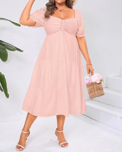 Image of Plus Size Summer Dresses - Sweetheart Neck Drawstring Puff Sleeve Casual Tiered Aline Flowy Midi Dress