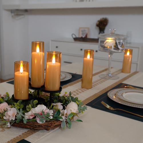 Image of Amagic Flickering Flameless Candles, Battery Operated Candles, Amber Gold Acrylic LED Pillar Candles with Remote and Timer, 3D Wick, Yellow and Blue Glow, D2.2 xH5 5 inch 6 inch 7 inch 8 inch, Set of 5