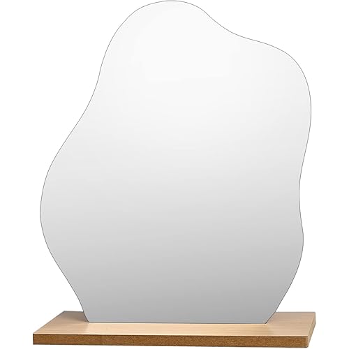 Mokoze Vertical Irregular Mirror Frameless Acrylic Makeup Mirror Aesthetic Mirror for Desk Funky Wavy Cloud Shape Wooden Stand for Living Room Bedroom and Minimal Spaces Home Decor