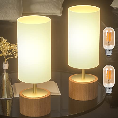 DEEPLITE Wooden Touch Table Lamp Set of 2 , Bedside Lamp Dimmable Light Brightness Night Light with Cylinder Shade ( Bulb Included ), Modern Nightstand Lamp for Bedroom, Living Room, Office.
