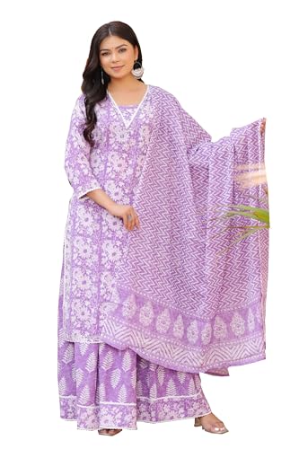Image of PARTHVI Women's Printed Calf Length Straight Kurta & Skirt With Dupatta Set