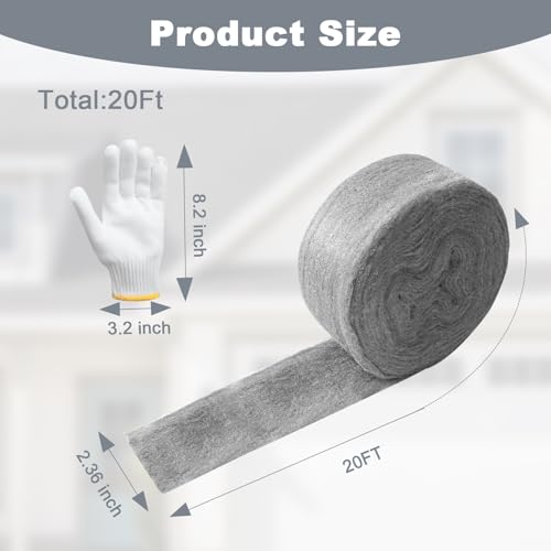 Stainless Steel Wool with Gloves, Steel Wool Fill Fabric Roll, Gap Blocker Coarse Wire Hardware Cloth DIY Kit for Holes, Wall, Garden, Kitchen, Pipeline in Garage (20FT) - Thumbnail 2