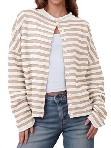Saodimallsu Womens Striped Cardigan Casual Long Sleeve Open Front Button Down Loose Knit Lightweight Fall Sweaters Beige