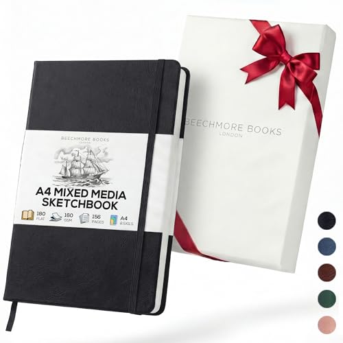 Beechmore Books A4 Mixed Media Sketchbook - 8.5"x11" Hardcover Lay-Flat Art Journal, 160 GSM / 98 lb Professional Ivory Paper, 156 Perforated Pages, Gift Box, Ink, Drawing and Light Watercolor