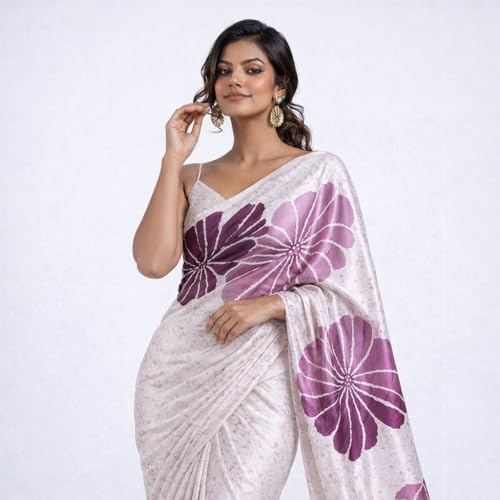 Image of Japan Satin Floral Print Saree for Women with Blouse Piece - Satin Finish Draped Saree