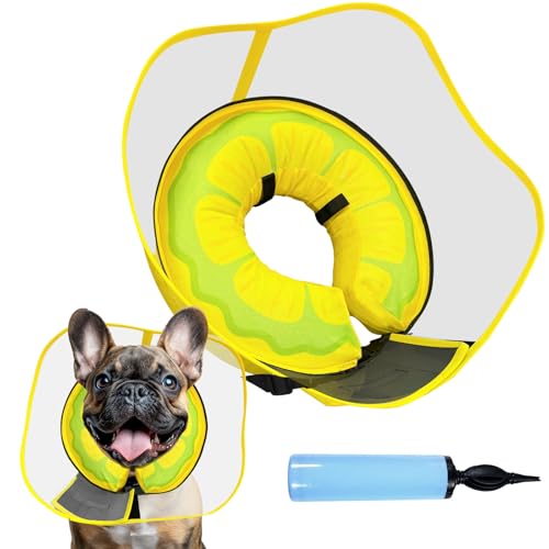 Image of Inflatable Dog Cone, Soft Dog Cone After Surgery, for M M+ L XL Dogs, with Detachable Anti Licking Shield and Inflator, 2 in 1 Adjustable Alternative, Does Not Block Vision, Lemon and Wave Style, M