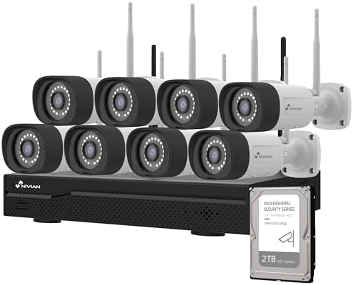 NIVIAN Kit Camaras de Vigilancia Profesional WiFi SuperHD con 8 Cámaras IP y Grabador con Disco Duro 16CH - para Casas y Negocios - Visión Nocturna, Detección Humana IA, Audio Bidireccional