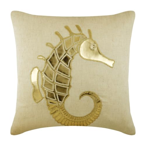Image of The HomeCentric Beige Cushion Cover Couch, Mediterranean Floral 30x30 cm (12x12 inch Cotton Linen Cushion Cover, Sea Creatures Ocean N Beach Metallic Faux Leather Applique - Gold Sea Horse