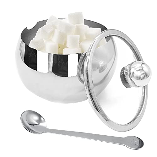 Zuckerdose aus Edelstahl mit Glasdeckel und Löffel, 284 ml Zucker-Gewürzbehälter für Salz, Süßigkeiten, Kaffee, Zuhause, Küche Cover